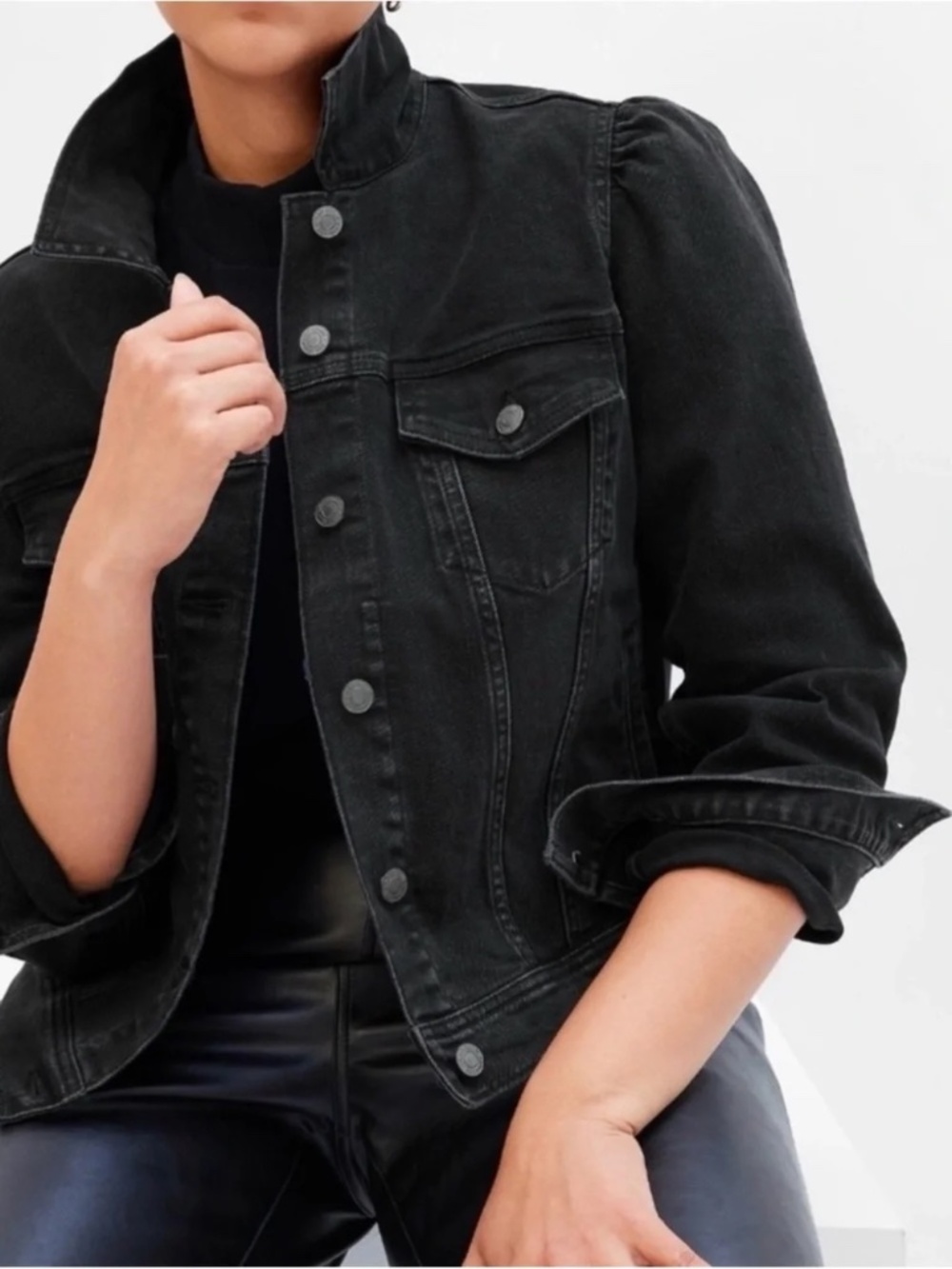 GAP Puff Sleeve Black Stonewashed Denim Jacket NWOT Women's XL
